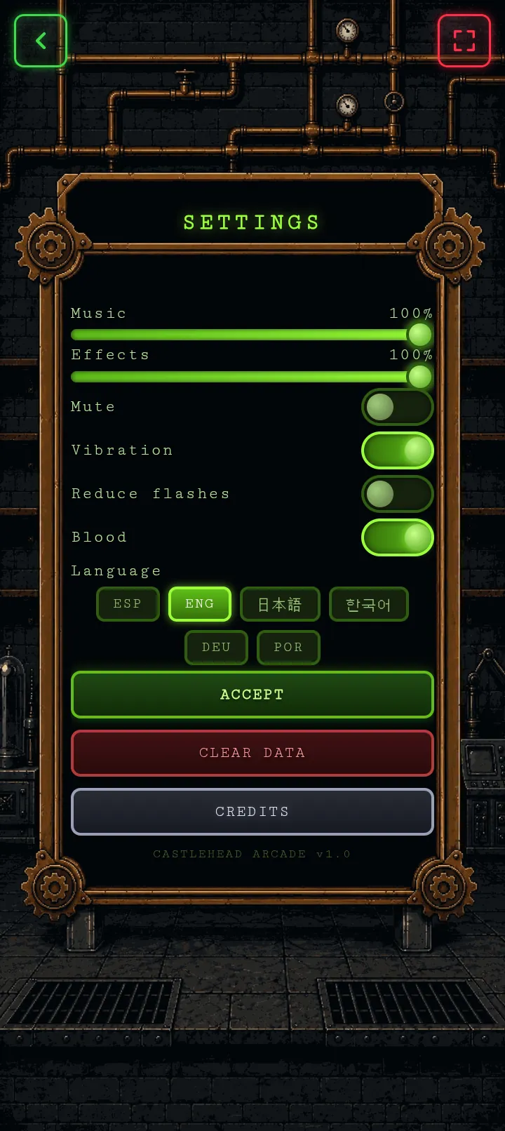 The settings screen, with sliders for music and effects, toggles for vibration and blood, and six language options.